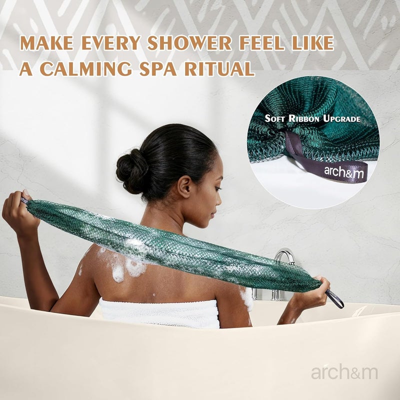 ARCH&M African Exfoliating Net Sponge Afroscrub - Authentic African Net Sponge with Knots Exfoliating Wash Cloths for Body Scrubber Back Scrub Exfoliator for Shower Bath Forest Green + Golden by - Image 4